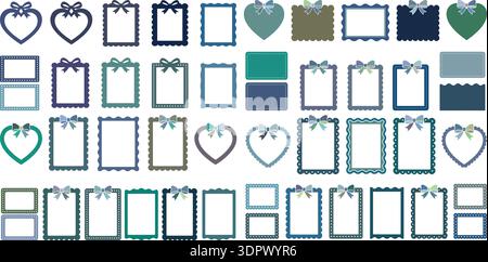 Decorative scalloped frame and heart border set with ribbon bows vintage greeting card vector illustration Stock Vector