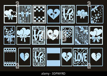 Romantic love greeting card set with hearts broken heart bandage and decorative frames vector illustration Stock Vector