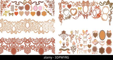 Vintage ornamental decorative elements set with floral borders frames hearts and ribbons vector illustration Stock Vector