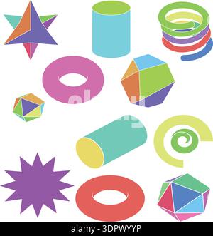 Colorful geometric 3D shapes set isolated on white background abstract vector illustration Stock Vector
