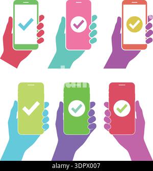 Hand Holding Smartphone with Check Mark Icon Set, Mobile App Approval and Online Verification Concept Stock Vector