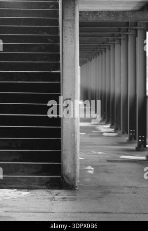 Monochrome view of repeating concrete pillars beneath a pier with dramatic depth and symmetry. Stock Photo