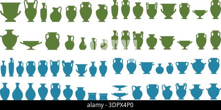 Ancient pottery amphora and ceramic vase silhouette set classical greek jar collection vector illustration Stock Vector