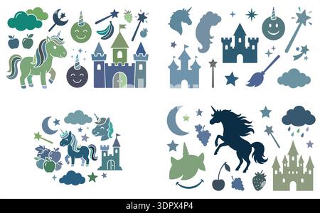 Cute unicorn fantasy clipart set with castle magic wand stars moon and cartoon elements vector illustration Stock Vector