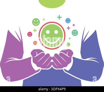 Positive mental health and happiness concept with hands holding smiling face emotional wellbeing vector illustration Stock Vector