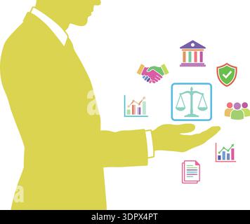 Corporate legal services and business law concept with businessman holding justice scale and agreement icons vector illustration Stock Vector