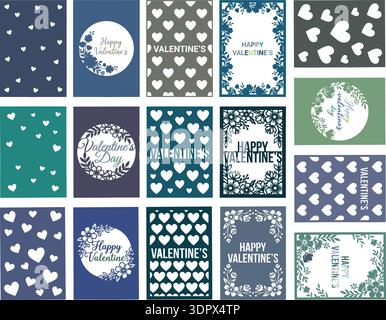 Valentines Day floral background and heart pattern collection with romantic greeting card templates vector illustration Stock Vector