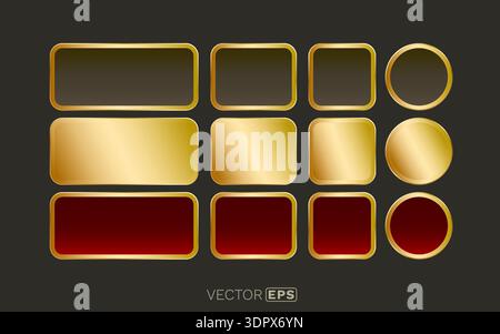 Premium set of golden and red metallic web buttons and frames in various shapes, perfect for UI design. Vector illustration Stock Vector
