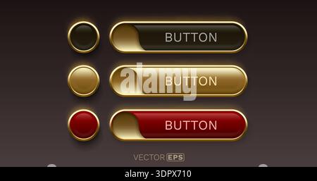 Glossy UI buttons with golden frame and subtle glow. Premium web elements in dark, gold, and red. Vector illustration Stock Vector