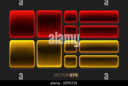 Modern glowing UI button and frame set with rounded corners on dark background. Vector illustration. Stock Vector