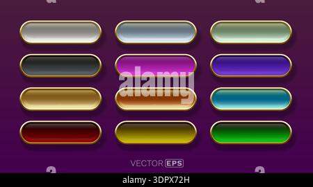 Colorful glossy web buttons with golden frames, ideal for UI, UX design, game interfaces, or website elements. Vector illustration Stock Vector