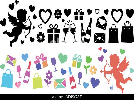 Valentines Day Cupid Silhouette with Hearts Gifts Wine Bottles and Romantic Icons Vector Set Stock Vector