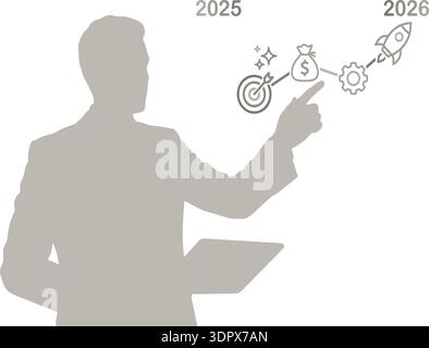 Business Growth Strategy Planning Concept from 2025 to 2026 with Target, Money Bag and Rocket Icons Stock Vector