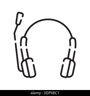 headphones with mic black line icon. Vector isolated element. Editable stroke. Stock Vector
