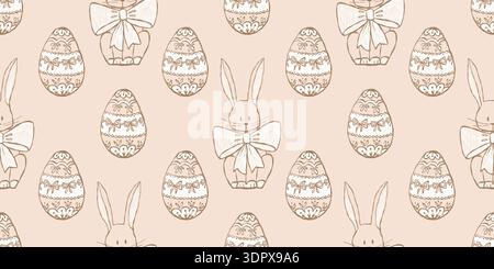 Whimsical vintage Easter seamless pattern with bunny, decorated eggs, and wreath elements. Stock Vector