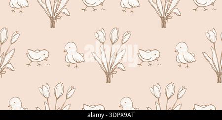 Whimsical vintage Easter seamless pattern with chicks, tulips, and botanical elements. Stock Vector