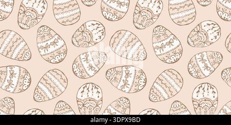 Vintage Easter egg seamless pattern with ornate decorated eggs in a beige pastel color palette Stock Vector