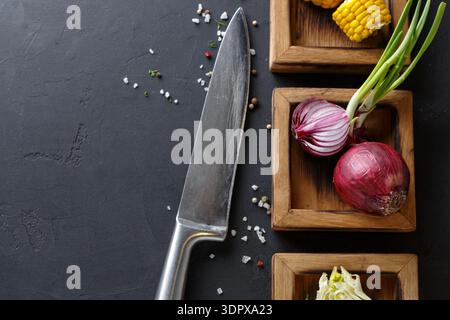 Several Types of Vegetables Are Placed in Wooden Containers on a Dark Surface Stock Photo