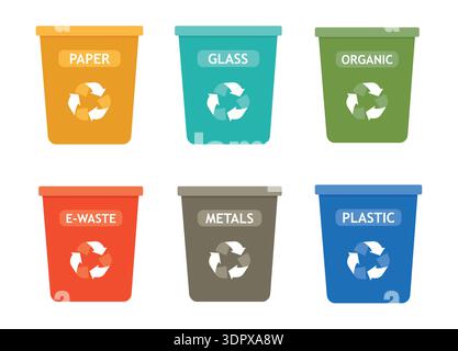 Separate waste collection. Set of 6 containers different colors with different labels. Community recycling programs, eco lifestyle Stock Vector