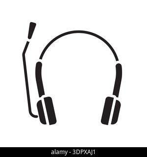 headphones with mic black glyph icon. Vector isolated element. Editable stroke. Stock Vector