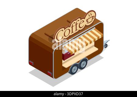 Coffee Trailer. Isometric coffee trailer kiosk with striped awning and espresso machine. Street food cart concept for cafe, takeaway, small business Stock Vector