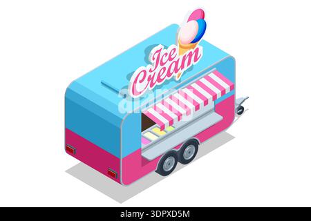 Isometric ice cream trailer with bright pastel color and striped awning. Mobile dessert kiosk concept for summer street food and sweet snack business Stock Vector