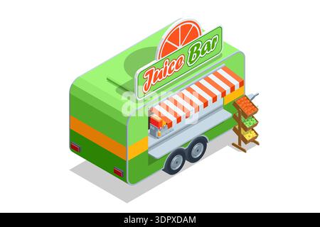 Isometric juice bar trailer with citrus sign and fresh fruit display. Mobile beverage kiosk concept for healthy street food and vitamin drink business Stock Vector