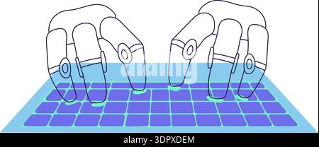 Blue And Turquoise AI Technology Doodle Outline Sticker With Robots Hands On Keyboard. Bright Flat Icon Stock Vector