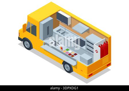 Food Truck Interior. Isometric food truck interior with kitchen equipment, sink, stove and gas tank. Mobile catering workspace concept for street food Stock Vector