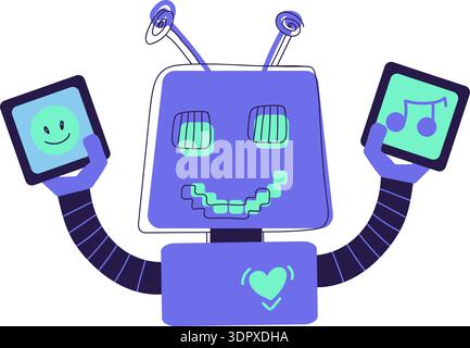 Blue And Turquoise AI Technology Doodle Outline Sticker Robot With Icons In Hands. Bright Flat Icon Stock Vector
