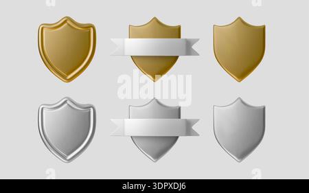 3D gold and silver shield emblems with verification marks. Realistic metallic protection icons for secure systems, warranty badges, and digital Stock Vector