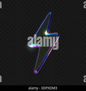 Transparent 3D glass lightning bolt icon with holographic gradient effect on black background, modern tech energy symbol with neon glow and realistic Stock Vector