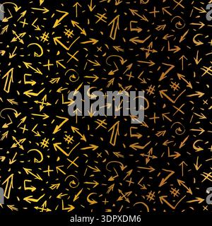 Gold seamless grunge pattern featuring abstract shapes, doodles, scribbles, geometric elements, arrows, waves, grids, lines and organic textures Stock Vector