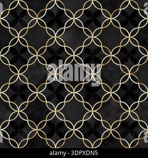 Seamless watercolor trellis geometric pattern with black textured background and elegant gold outline. Decorative geometric design for wallpaper, text Stock Photo