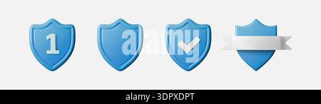 Set Blue 3D shields icon with check mark symbolizes digital protection and security. Glossy badge design represents cyber safety guarantee on Stock Vector