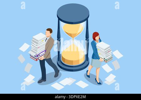 Isometric office deadline concept with businessman and businesswoman carrying document stack near large hourglass. Time pressure, paperwork overload Stock Vector