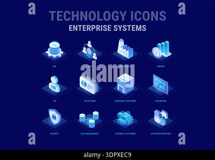 Technology icons set for Enterprise Systems workflow diagram - ERP, CRM, HR, Operations, Data Management, Internal Platforms, Finance, Security Dashbo Stock Vector
