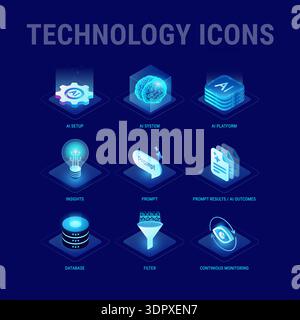 Technology icons set for workflow diagram - AI system, AI integration, AI platform, data, insights, prompt outcomes, filter, continuous monitoring - h Stock Vector