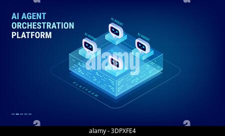 AI Agent Orchestration Platform concept - platform with connected AI agents enterprise diagram - isometric vector Stock Vector