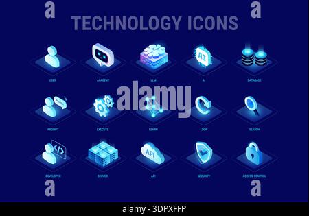 Technology icons set for workflow diagram - AI and data, AI agent, machine learning, API cloud integration, server, database, security, access control Stock Vector