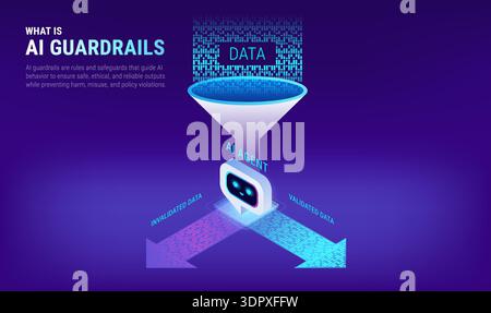 What is AI Data Guardrails infographics - workflow diagram technology vector. AI agent acts as a smart filter to control data access, usage, and shari Stock Vector