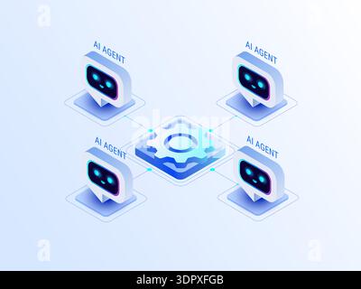 Agentic AI workflow diagram with multi agent system connected - white background - isometric technology infographic vector Stock Vector