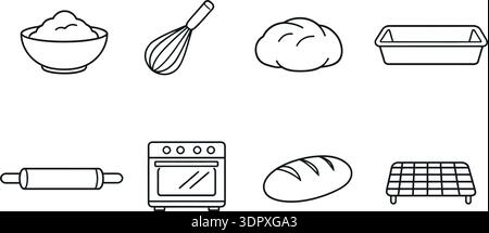 icons of bread preparation ingredients and tools Stock Vector