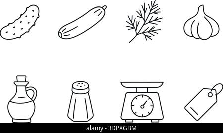 Set of food and kitchen icons: pickle, cucumber, dill, garlic, oil, salt, weight, price tag Stock Vector