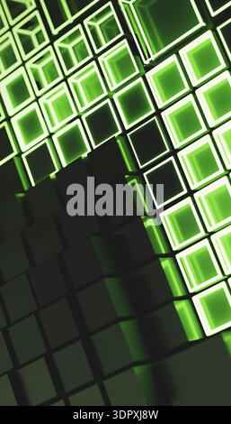 An illustration of glowing green cubes arranged in a dynamic 3D pattern. The image features illuminated squares with depth, creating a sense of modern Stock Photo