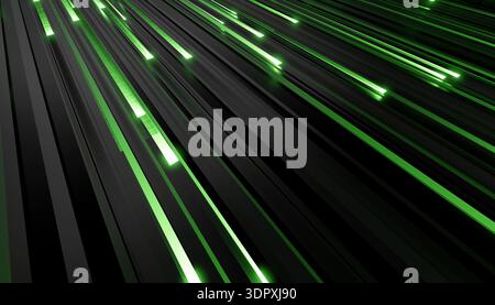 An abstract illustration showcasing dynamic green light streaks on a sleek black background, creating a sense of speed and futuristic design. Perfect Stock Photo