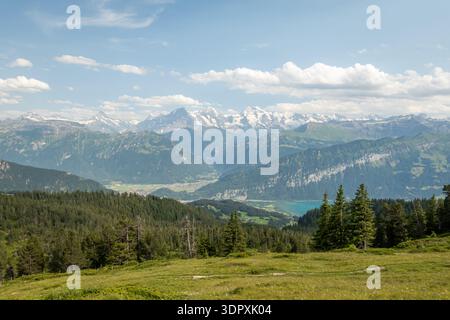 Stunning panoramic view of Lake Thun and the majestic Jungfrau mountain in the Alps during summer. Lush green landscape under a clear blue sky provide Stock Photo