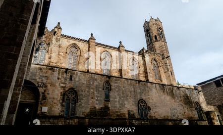 The historic facade of the Barcelona Cathedral features intricate Gothic architecture and arched windows, highlighting the city's rich cultural and ar Stock Photo