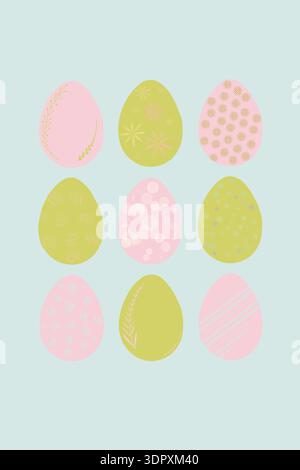 A delightful collection of pastel Easter eggs, each uniquely decorated with charming patterns, set against a calming blue background. Perfect for cele Stock Photo