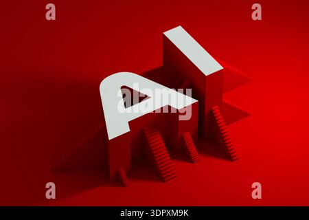 The design highlights the letters AI on a red background with stairs around them, representing technology and artificial intelligence in construction. Stock Photo